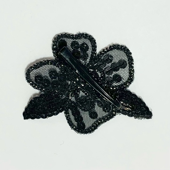 Vintage Black Flower Barrette Applique Mesh Sequins Squeeze Clip - Picture 2 of 3